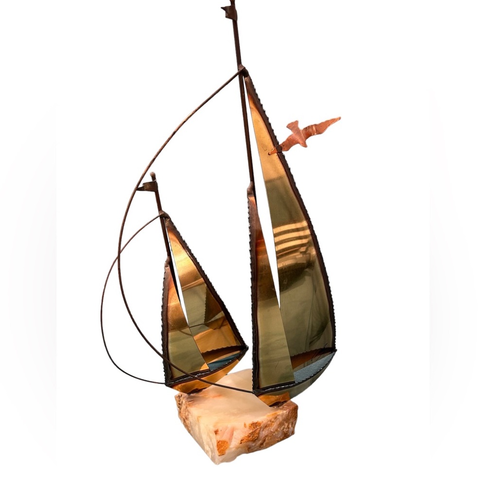 2Copper Brass Sailboats on marble signed by Mario Jason